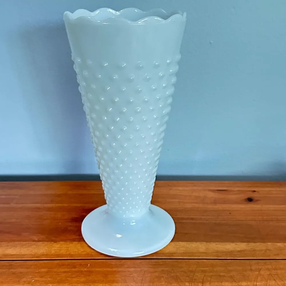 Vintage Anchor Hocking White Milk Glass Hobnail Trumpet Vase 9.75